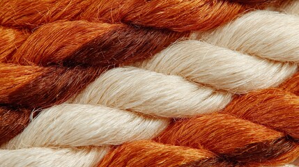 Fototapeta premium Close-up of details of orange and cream rope weave that reveals natural textures, color palette, suitable for product images or interior design visuals, emphasizing quality and style.