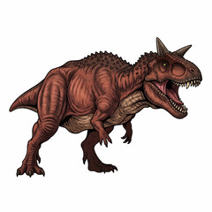 Realistic illustration of a Tyrannosaurus rex dinosaur walking, showcasing its muscular body, sharp teeth, and prehistoric predator stance.