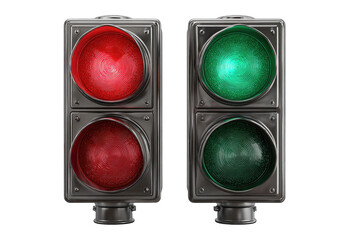 Two traffic lights, one red and one green, displayed side-by-side