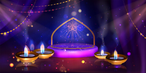 Happy Diwali background with glowing lantern and festive podium for celebration display. Traditional Indian festival scene with decorative lights and candles for holiday greetings or showcase.