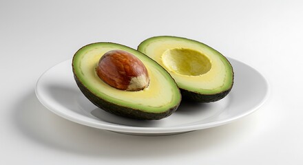 Sliced Avocado Half with Seed on White Plate and Bright Natural Lighting in Minimalist Studio Setup