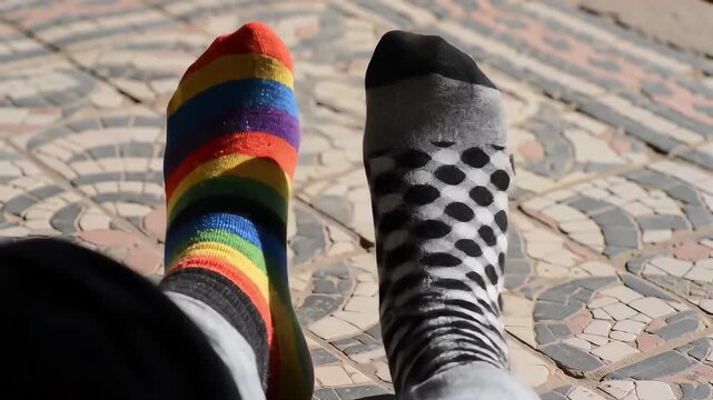 Feet with colorful socks resting on mosaic tiles offering comfort and style