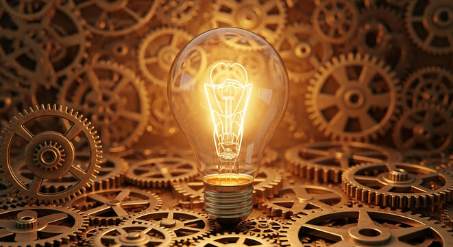 Illuminated lightbulb among bronze gears, showcasing innovation, mechanism, and bright ideas, representing ingenuity and complex solutions - Powered by Adobe
