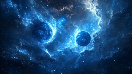 Two celestial bodies, glowing blue, embedded within a vibrant nebula.