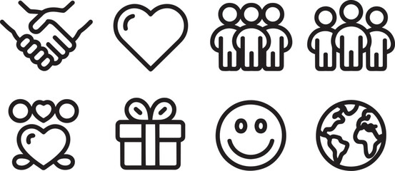 Fototapeta premium Outlined Handshake, Heart, People, Gift, Smiley Face, and Globe Icons Representing Community Support