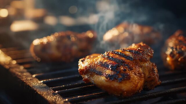 Juicy grilled chicken breast on barbecue
