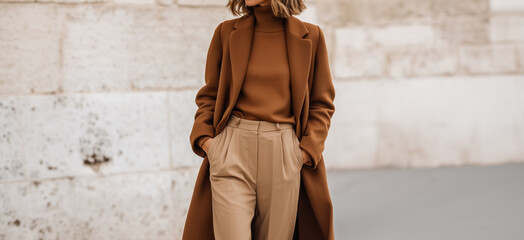 Woman in a stylish monochromatic brown outfit with an elegant coat and turtleneck sweater