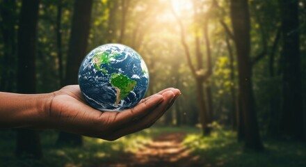 Earth held gently in hand with lush forest background and soft sunlight