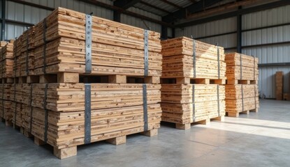 Ash wood slats with light beige tones bundled by metal straps, stored neatly in a spacious high-ceiling industrial storage area. Ideal for woodworking, storage, and natural materials