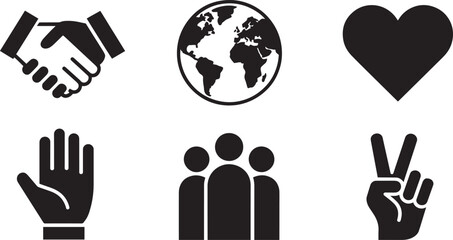 Social Harmony and Cooperation Icons Set Silhouette Style Handshake Globe Heart People