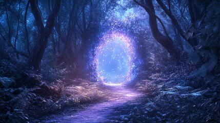 Fototapeta premium Magical portal glowing in a dark forest at night.
