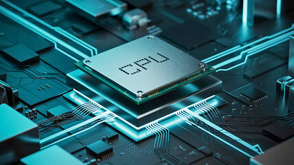 Close-up of a Computer CPU Chip on a Circuit Board with Glowing Blue Lines, Representing Technology and Data Transfer