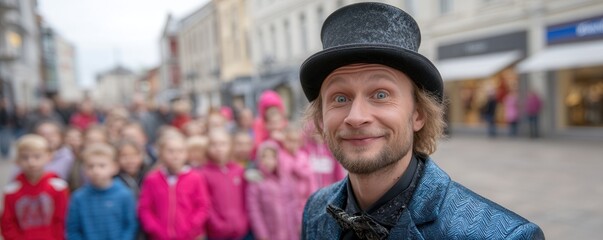 Street Performer and Audience: A charismatic street performer, adorned in a distinguished top hat, enchants the crowd with their engaging presence.