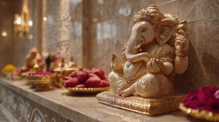 Decorative ganesh idol with offerings for ganesh chaturthi celebration