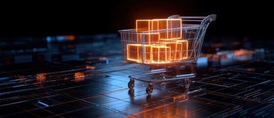 The glowing shopping cart filled with illuminated digital cubes and technology elements.