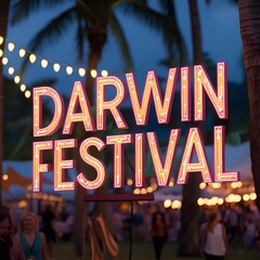 
> add elegant glowing text &ldquo;DARWIN FESTIVAL&rdquo; in artistic tropical-style font, integrated naturally into the scene, with soft neon glow matching the festival lights.
