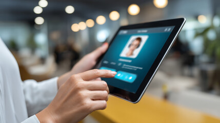 AI customer support ecommerce. User holding tablet digital profile touchscreen technology office modern communication blurred