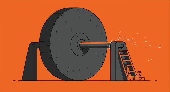 Grinding stone wheel with sparks. Cartoon industrial design on orange background