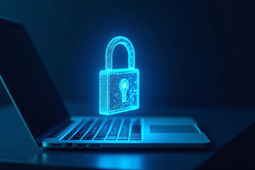 High-tech cyber security concept featuring 3D glowing hologram padlock and key floating above laptop keyboard, blue and white neon lights on dark futuristic background, secure data access visualizatio