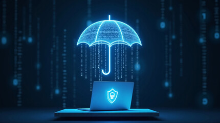 Cyber security concept featuring 3D holographic umbrella with falling binary code particles protecting laptop with glowing digital shield icon, neon blue light, dark blurred modern background