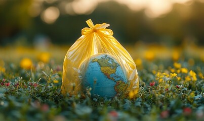 Eco-friendly plastic bag with a globe inside, symbolizing a sustainable alternative to single-use plastics and promoting global environmental responsibility, Generative AI