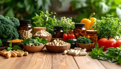 Vitamins  Supplements Healthy Living with Herbs with Vegetables, and Pills on Wood.
