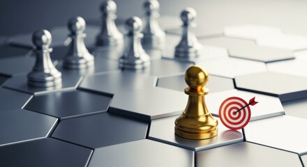 Golden Pawn Reaching Target: Strategic Business Success and Achievement Concept on Hexagonal Grid