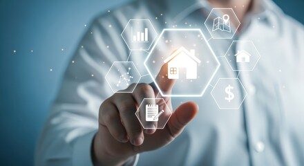 Fototapeta premium Real Estate Technology Concept: Man Touching Virtual House Icon on Digital Interface