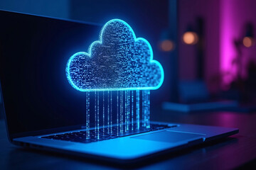 Cloud data protection visualization featuring digital holographic cloud made of glowing dots and lines raining binary code over laptop, bright cyan and purple neon lights, futuristic cyberpunk theme