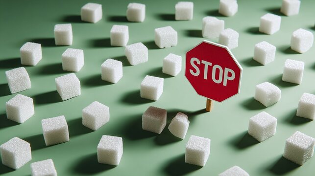 Sugar Overload: A stop sign stands amid a sea of sugar cubes, conveying the need to limit sugar intake for health and well-being. Moderation is key!