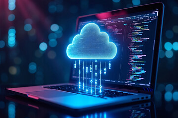 Futuristic cyberpunk scene with digital holographic cloud of glowing dots and lines raining binary code on laptop, neon cyan and purple light, symbolizing cloud data protection and cybersecurity conce