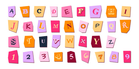 Playful clipping letters - y2k style alphabet with paper cutout. Uppercase symbols for creative projects. Torn edges with mixed fonts, punctuation marks and tilted angles for scrapbook