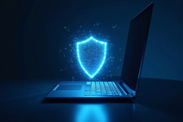 3D neon glowing holographic shield of blue particles hovering in front of sleek laptop, cyber security and data protection visualization on dark tech background, futuristic digital defense concept
