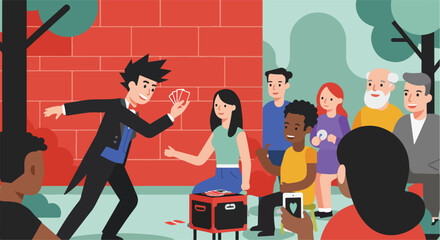 The magician does a trick for the audience. Performance in front of an audience