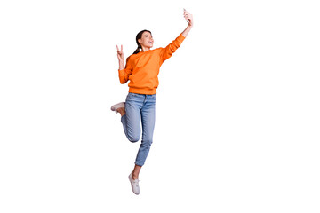 Full length photo of positive cheerful youth teen girl with  ponytails have trip journey take...