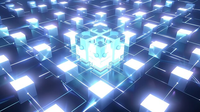 Bright central data crystal structure transmitting holographic signals to surrounding blocks in a data network grid .