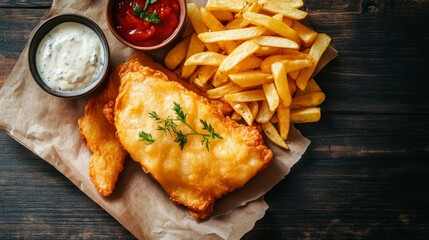 Crispy fried fish and chips served with tartar and ketchup on wooden table.