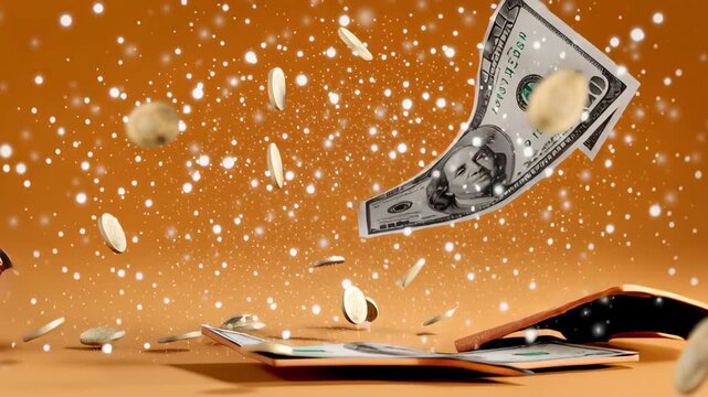 Orange leather wallet overflowing with cash and coins, creating a sense of abundance and prosperity, with sparkling effects enhancing the visual appeal of financial success and wealth