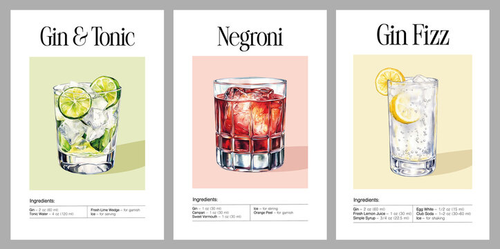 Gin Cocktail Poster Set of 3 – Gin & Tonic, Negroni, Gin Fizz Recipes – Watercolor Bar Wall Art for Kitchen, Home Bar, or Cafe – Printable Cocktail Art in Elegant Style