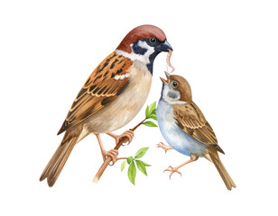 Watercolor illustration of sparrow birds feeding behavior with adult bird feeding young chick on branch showcasing wildlife parenting nature.