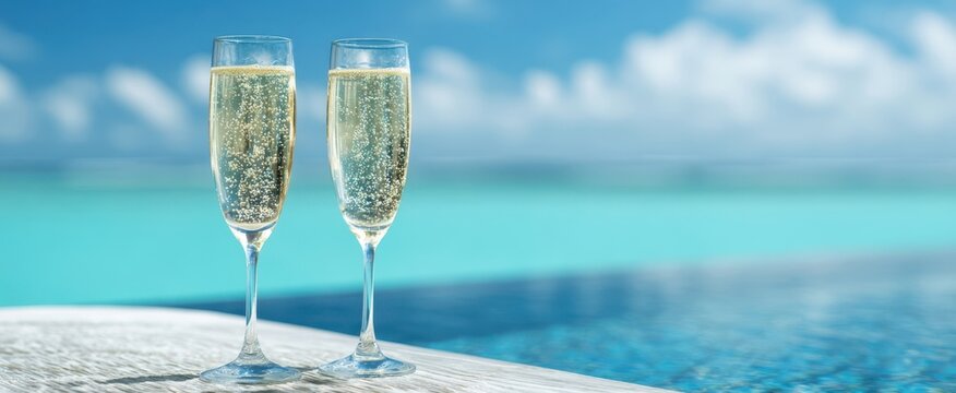 The champagne glasses sparkling by the tranquil poolside in a tropical paradise.