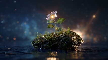 Luminescent bloom on mossy rock floats in water. Symbolizes hope, resilience, new beginnings. Use for inspirational content, web design, marketing.