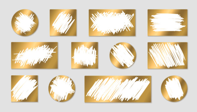 Golden scratch lottery card shapes with white scribbled textures for prize reveal games. Premium metallic surfaces display scratched areas on rectangles, squares and circles for instant win tickets.