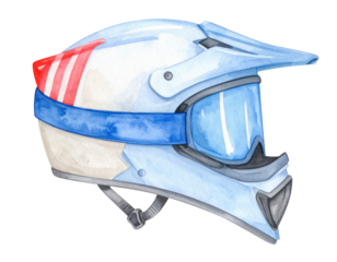 Hand-painted watercolor illustration of a white and blue motocross helmet with goggles, conveying the thrill and adrenaline of off-road racing.