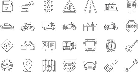 Fototapeta premium Transportation Vehicles And Traffic Outline Doodle Icons Vector
