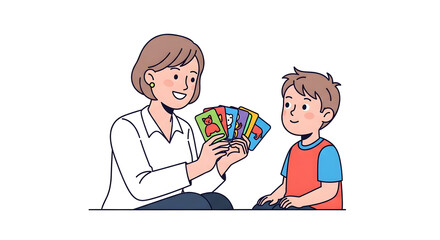 Adult woman teaching young boy with colorful educational flashcards for early learning and development