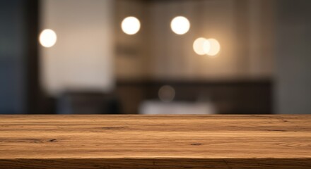 Wooden table top in a cafe or restaurant with blurred warm background