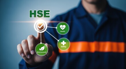Health, Safety, and Environment Concept: Worker Touching HSE Virtual Icon for Workplace Compliance and Regulations
