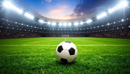 A soccer ball rests on a lush green field under a clear blue sky, ready for a competitive game