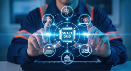 Smart Grid Technology Concept: Technician Visualizing Renewable Energy Integration and Digital Infrastructure for Sustainable Power